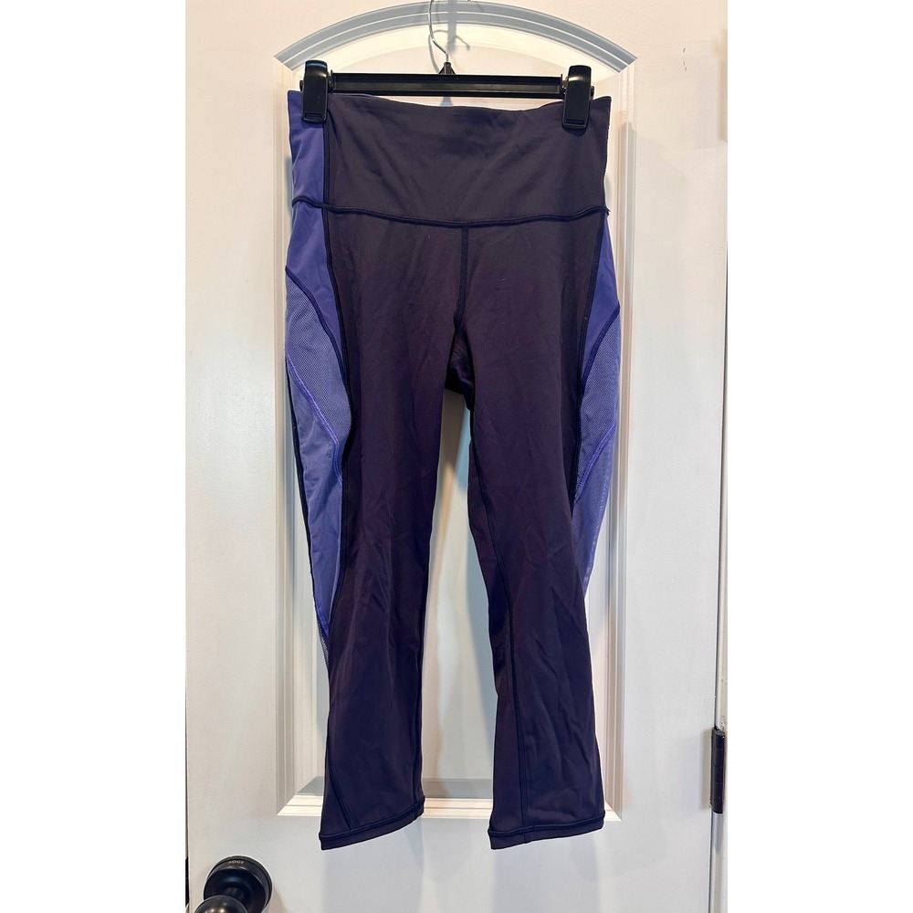 Lululemon Crop Leggings Womens 8 Purple Excellent Mesh Panel High Rise Tights